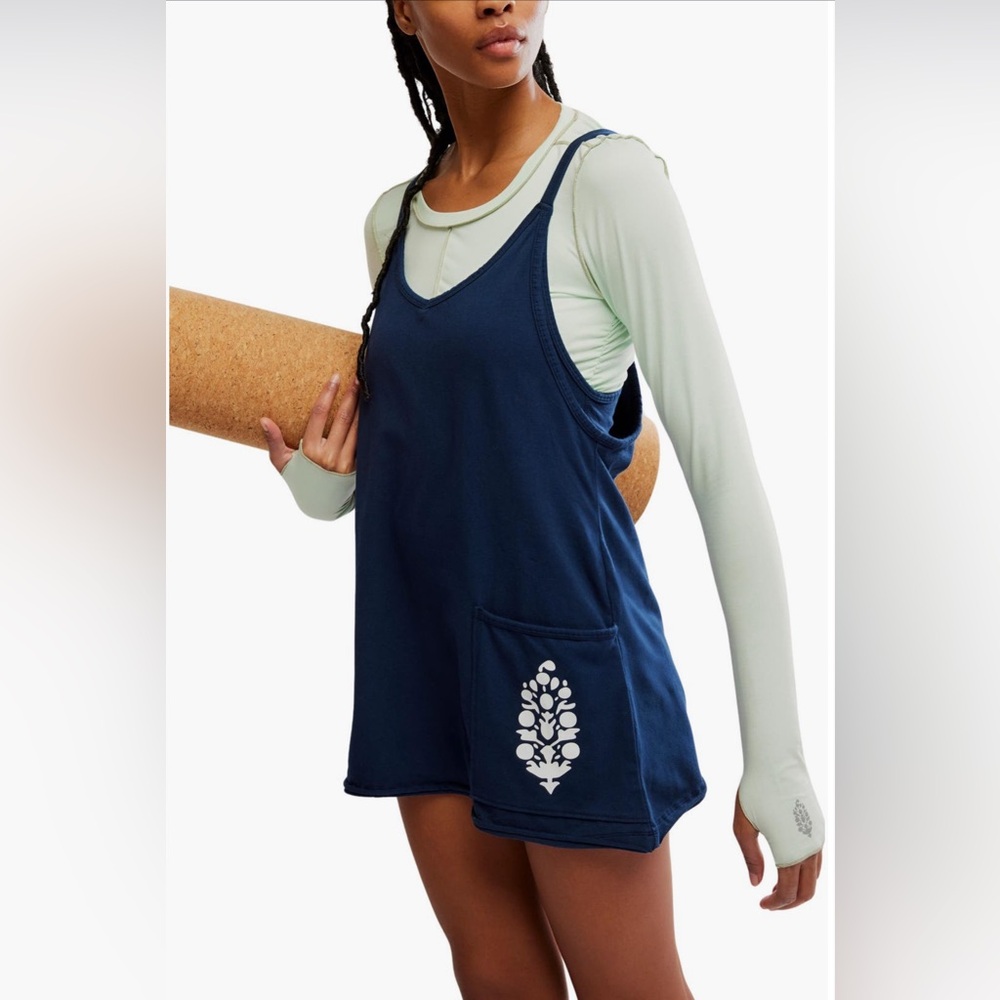 FP Movement by Free People Navy Sleeveless Romper with White Pocket Motif